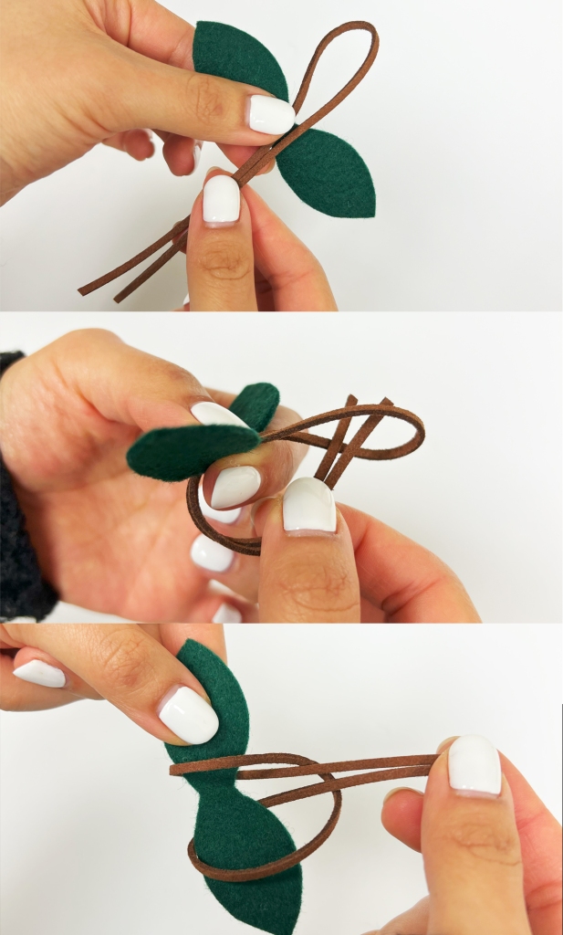 Tie the cord around the felt leaf 
